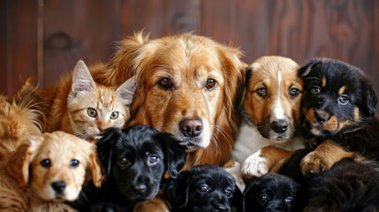 A diverse group of dogs and cats sitting side by side in a friendly manner, displaying peaceful coexistence and harmony