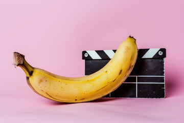 A ripe banana placed next to a traditional movie slate on a flat surface