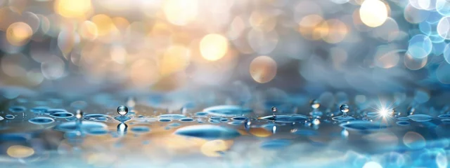 Fotobehang Rain drops with sun lights from above, water background with copy space for text or products, concept banner for beauty spa or beach vacation © JovialFox