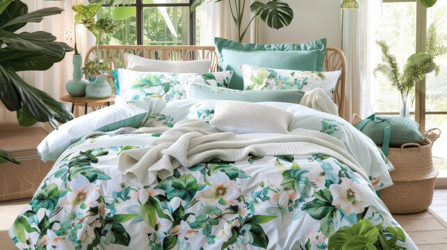 A bed is neatly made with a green and white floral comforter, adding a pop of color and pattern to the room
