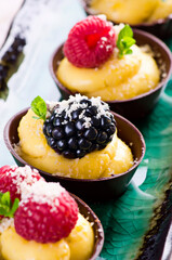 Traditional German chocolate pralines with vanilla pudding and fruits in a chocolate bowl