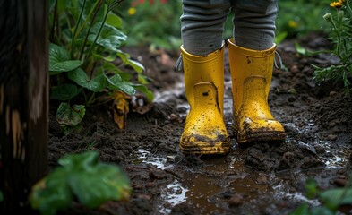 Child in yellow rain boots stands in a rainy, muddy garden, focus on shoes, yellow wellies in a muddy puddle