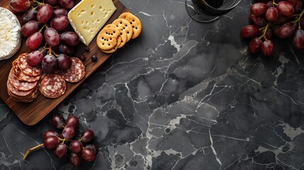 Charcuterie cheese board with grapes, salami, cheese, wine, and crackers, top down image of a cutting board on a black granite countertop 