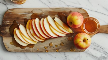 Apples and honey on a cutting board, sitting on a white marble countertop, top down Rosh Hashana snack board