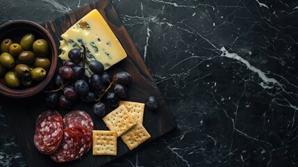 Charcuterie cheese board with grapes, salami, blue cheese, and crackers, top down image of a cutting board on a black granite countertop 
