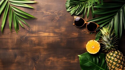 Tropical vacation top down flatlay, wooden background with copy space, sunglasses, pineapples, and tropical plants