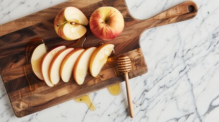 Apples and honey on a wooden cutting board, top down photo of a Rosh Hashana spread on a white counter top with a honey dipper