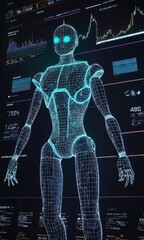 A humanoid figure is showcased with a cybernetic interface, amidst analytical data charts. The neon blue lines highlight its digital structure. AI generation