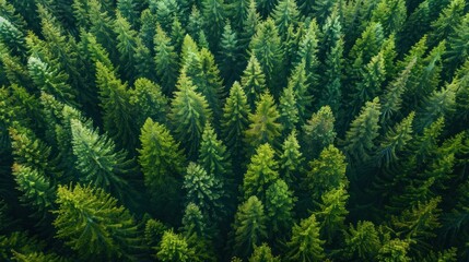 Fototapeta premium Aerial view of green forest of old spruce, fir and pine trees nature landscape. AI generated