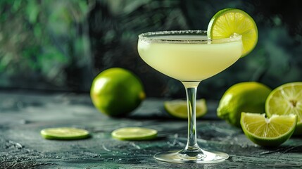 Classic margarita cocktail with lime and ice on a dark background