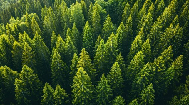 Aerial view of green forest of old spruce, fir and pine trees nature landscape. AI generated
