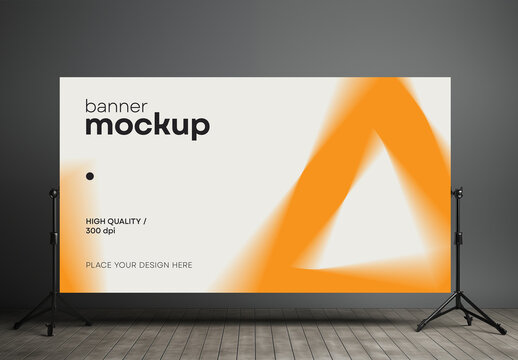 Indoor Banner Mockup with Tripod Stand &ndash; Ideal for Event Backdrops, Trade Show Branding, or Press Conference Presentations