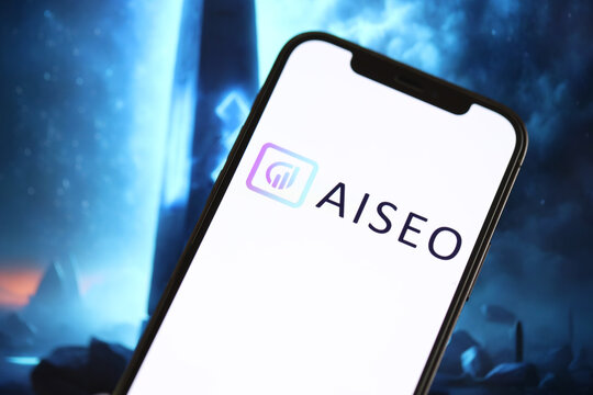 KYIV, UKRAINE - MARCH 17, 2024 AISeo logo on iPhone display screen with background of artificial intelligence futuristic ai generated image close up