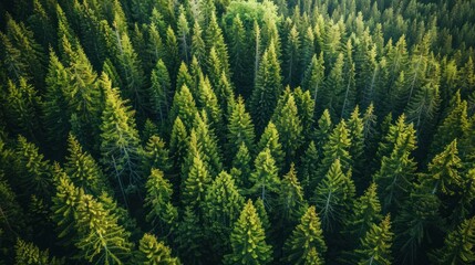 Aerial view of green forest of old spruce, fir and pine trees nature landscape. AI generated