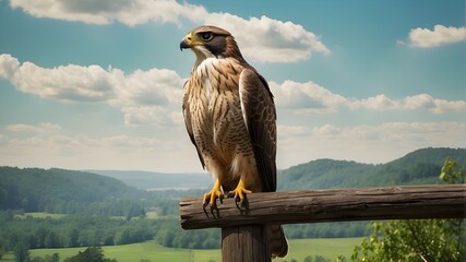 A regal falcon perched atop a weathered wooden fence, surveying the verdant landscape below. - obrazy, fototapety, plakaty