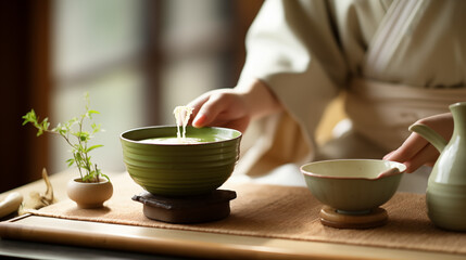 Traditional Japanese tea preparation with matcha