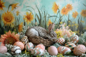Fototapeta na wymiar Easter bunny and Easter eggs on a green background with flowers