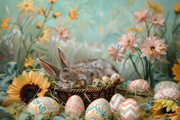 Cute little bunny and easter eggs in basket on nature background