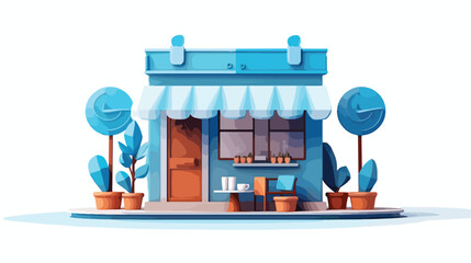 3-d model coffee shop blue and fancy paper art flat