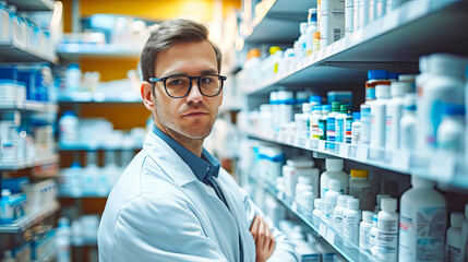 Pharmacist in White Lab Coat Working in Pharmacy - obrazy, fototapety, plakaty