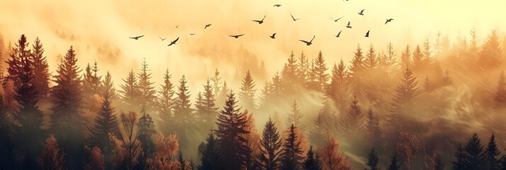 autumnal picture - fogy forest and flying birds
