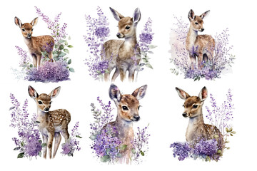 Cute deer in lilac flowers. Generative AI, png