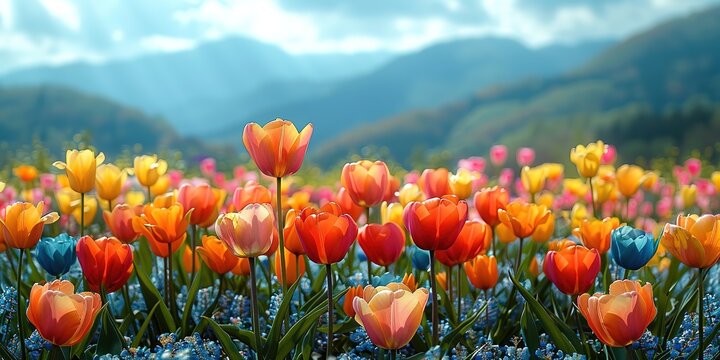 Blooming red tulips flower in the foothills of snowy mountains.