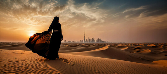 A girl in the Dubai desert, her silhouette stands out against the vastness of the landscape. She is wearing a traditional Abaya dress.