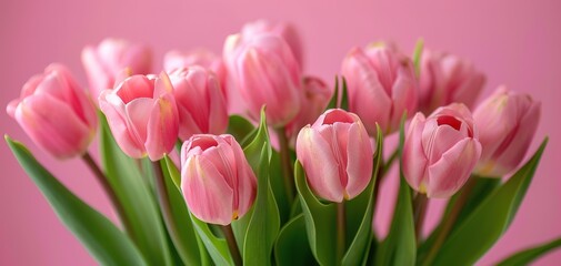 Obraz premium Bouquet of pink tulips on pink background. Mothers day, Birthday celebration concept. Greeting card