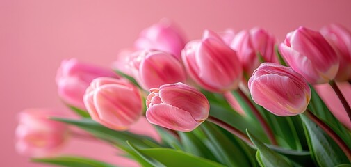 Bouquet of pink tulips on pink background. Mothers day, Birthday celebration concept. Greeting card