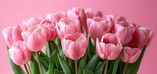 Fototapeta premium Bouquet of pink tulips on pink background. Mothers day, Birthday celebration concept. Greeting card