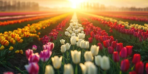 Deurstickers A magical landscape with sunrise over tulip field in the Netherlands © Vasiliy
