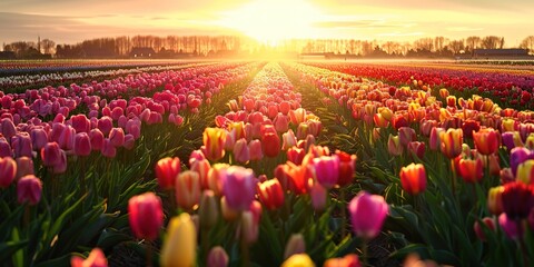 Fototapeta premium A magical landscape with sunrise over tulip field in the Netherlands