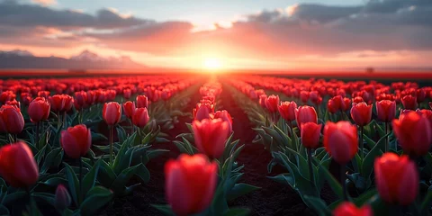 Rolgordijnen A magical landscape with sunrise over tulip field in the Netherlands © Vasiliy