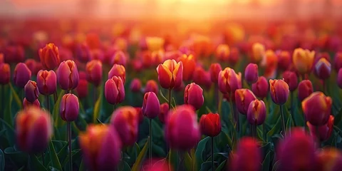 Foto op Plexiglas A magical landscape with sunrise over tulip field in the Netherlands © Vasiliy