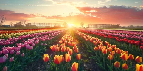 Keuken spatwand met foto A magical landscape with sunrise over tulip field in the Netherlands © Vasiliy