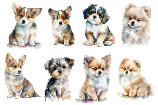 Cute puppies portraits watercolor. Generative AI, png
