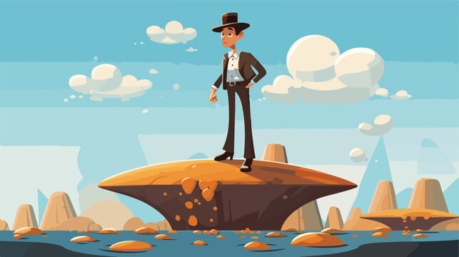 A cartoon image of an man standing on top of rocks