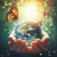 World environment day, ecology and ozone layer protection concept with woman's hand supporting earth planet under sun light flare with beautiful butterfly generative ai.	