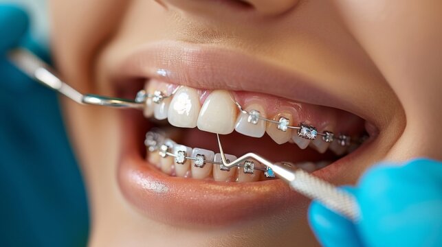 A close up of a person with braces getting their teeth cleaned, AI