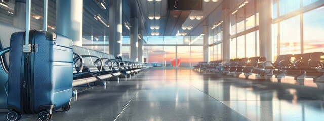 Modern stylish suitcases standing in empty airport hall terminal, unrecognizable traveller's luggage. Summer time and vacation themes. Design elements travel concept