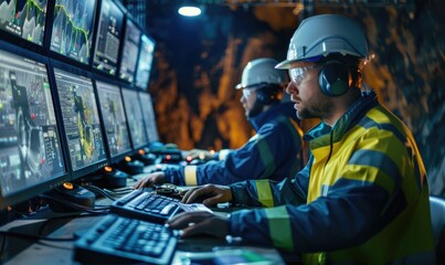 An engineer working in a control room in a vast mineral extraction site - 763604964