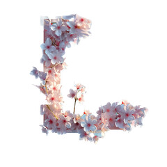 Letter L. Light fresh floral spring composition in sakura petals in beige and pink tones on blue, arrival of spring dynamic greens and sakura, attention to detail product, bokeh and particles