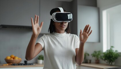 woman in white augmented virtual reality glasses gesticulates with her hands while controlling a virtual screen while standing in a modern home kitchen created with generative ai. 