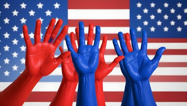 Raised up red and blue painted hands USA election concept created with generative ai.	
