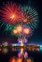 Fototapeta na wymiar illustration, vibrant long exposure fireworks display festive event, celebration, colorful, night, sky, party, explosion, bright, show, streaks, motion