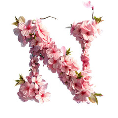 Letter N. Light fresh floral spring composition in sakura petals in beige and pink tones on blue, arrival of spring dynamic greens and sakura, attention to detail product, bokeh and particles