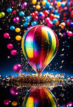 illustration, dynamic capture exploding glitter filled water balloon, burst, splash, shimmer, sparkle, shimmering, explosion, blast, glisten, explode,