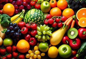 Naklejka na ściany i meble illustration, vibrant fruits vegetables enhancing well being nutritious plant based diet concept, healthy, eating, organic, produce, colors, health,