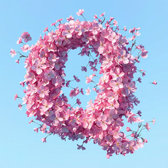 Letter Q. Light fresh floral spring composition in sakura petals in beige and pink tones on blue, arrival of spring dynamic greens and sakura, attention to detail product, bokeh and particles